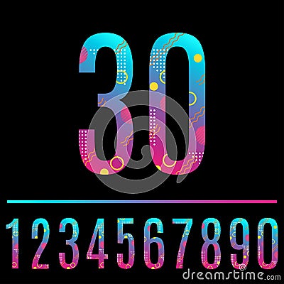 Modern abstract number. Colorful number 30 with geometric texture. Anniversary, birthday, greeting card, poster and banner design Vector Illustration